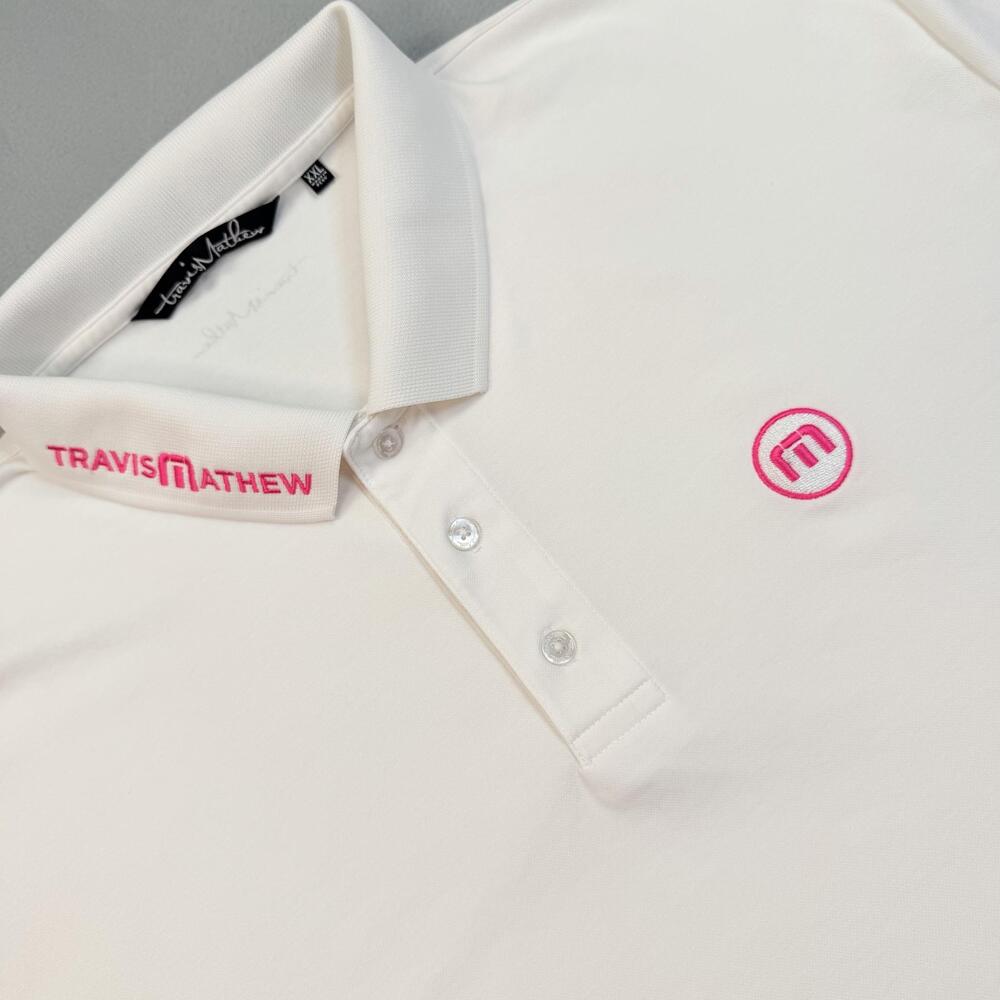 TravisMathew Polo Shirt Mens 2XL White Pink Pima Cotton Golf Performance Top